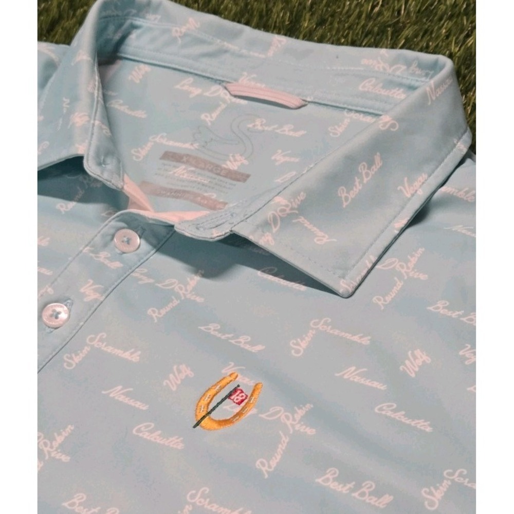 Swannies Golf Polo Mens XL Blue Golf Games Print Betting Nassau Wolf Scramble
